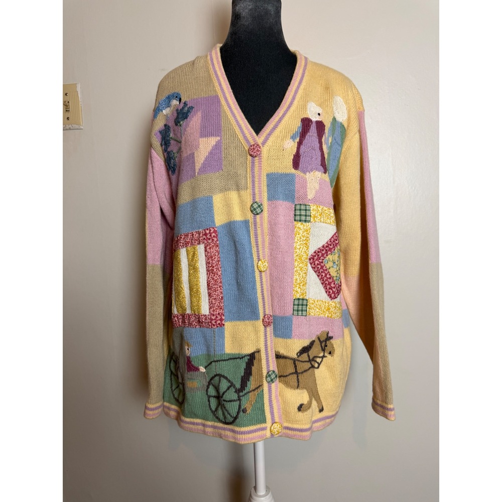 Storybook Knits Vintage Patchwork Cardigan Sweater Horse Amish scene country M
